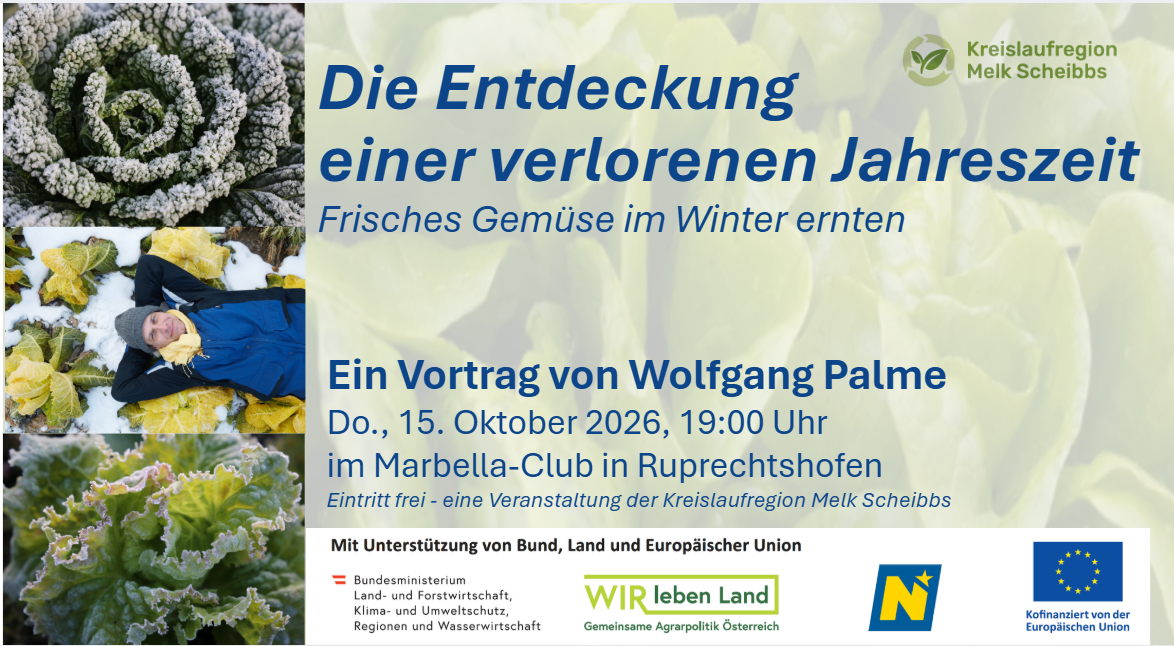 Veranstaltungsplakat für einen Vortrag von Wolfgang Palme am 15. Oktober 2026 zum Thema „Ernte von Wintergemüse“, der im Marbella-Club in Ruprechtshofen stattfindet.